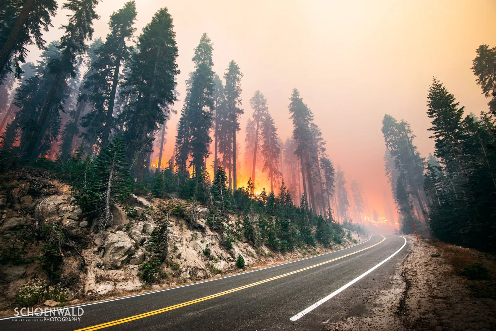 road leading toward fire in the shaver lake region